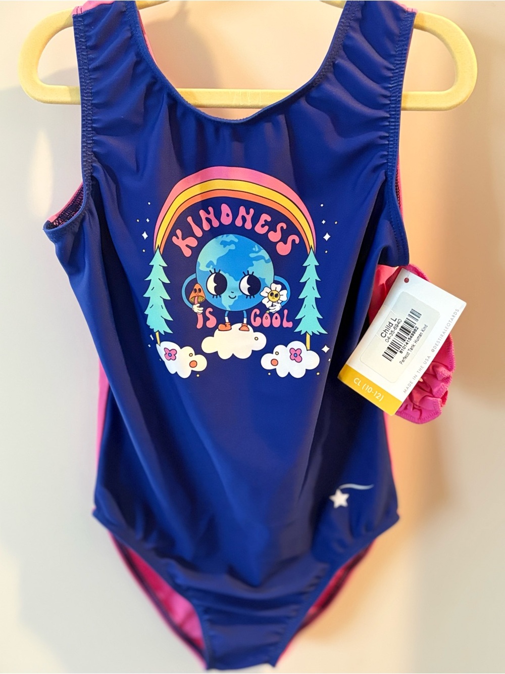 Kids Navy gymnastics leotard with Pink Trim and 'Kindness Is Cool' Graphic